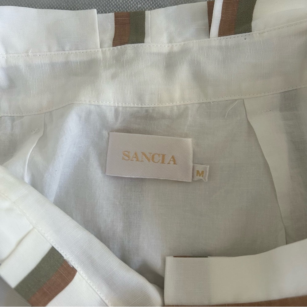 Sancia Pleated Lined Full Circle Linen Tencel Paperbag Waist Striped Maxi Skirt