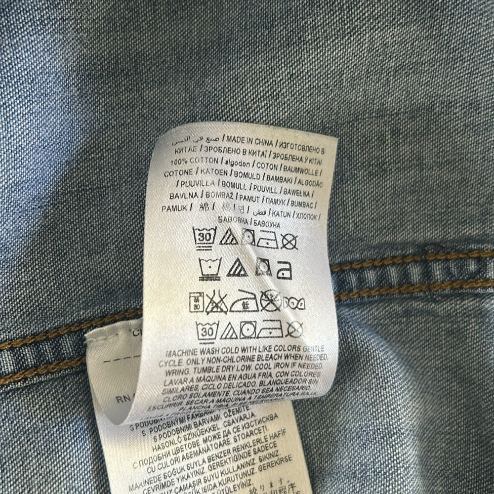 Denim Button Up Jean Shirt Yoke Cargo Flap Patch Chest Pockets