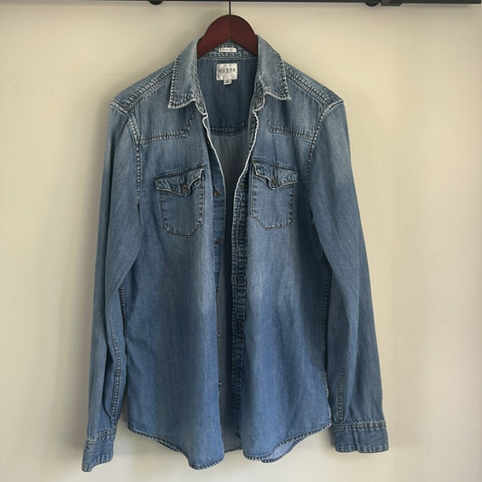 Denim Button Up Jean Shirt Yoke Cargo Flap Patch Chest Pockets