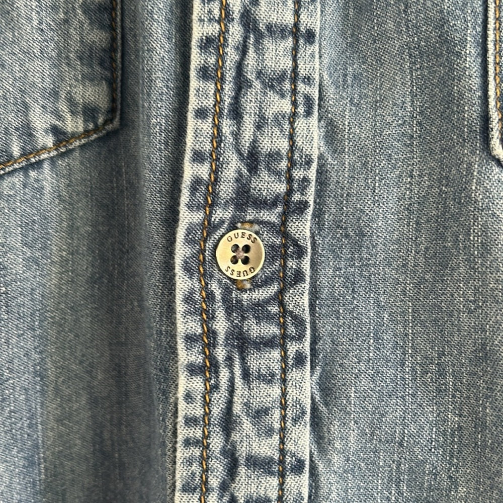 Denim Button Up Jean Shirt Yoke Cargo Flap Patch Chest Pockets