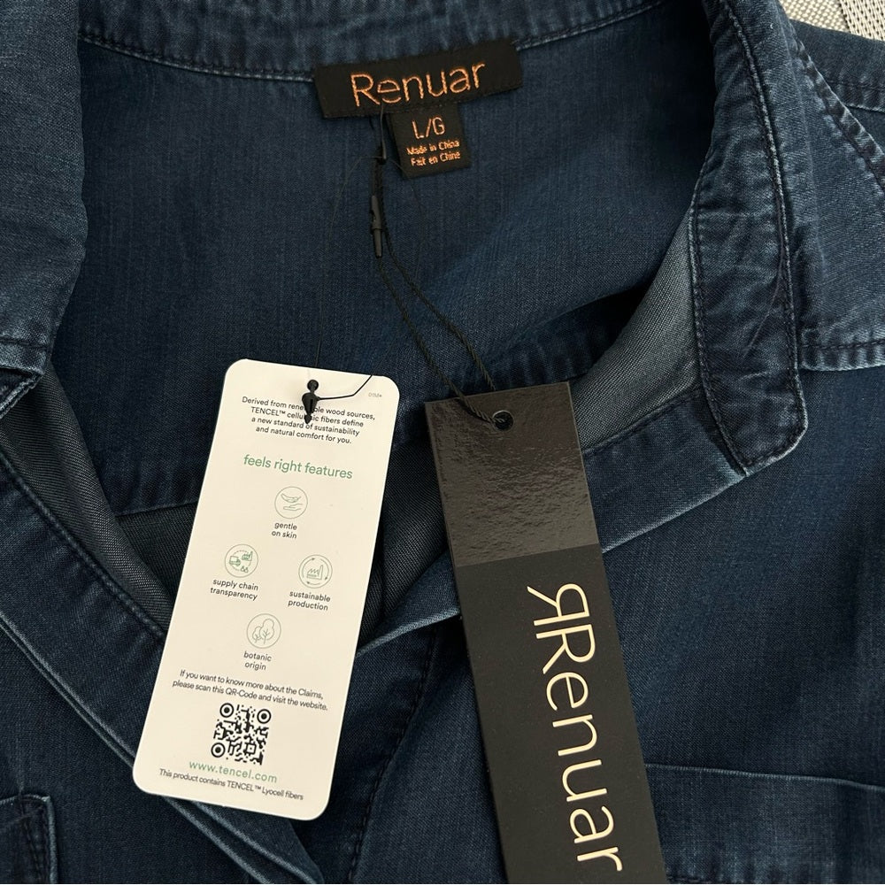 NEW! Renuar Notch Collar Tie-Front Tencel Lightweight Cuffed Short Sleeve Top