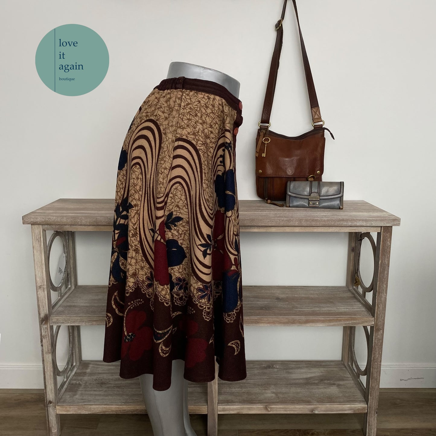 Vintage Midi Skirt, Flowy Lightweight Wool Blend