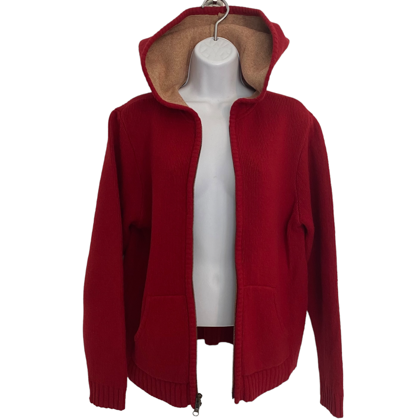 Eddie Bauer Red Soft Lambswool Hooded Zipped Cardigan Size Medium