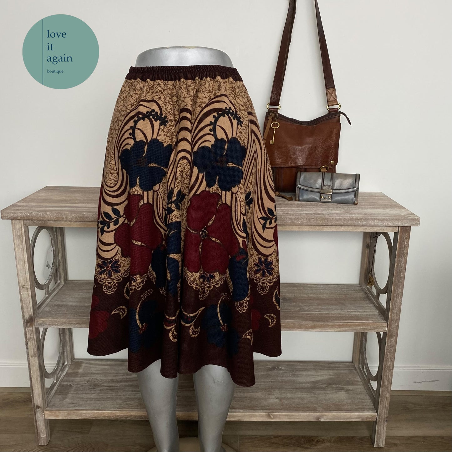 Vintage Midi Skirt, Flowy Lightweight Wool Blend