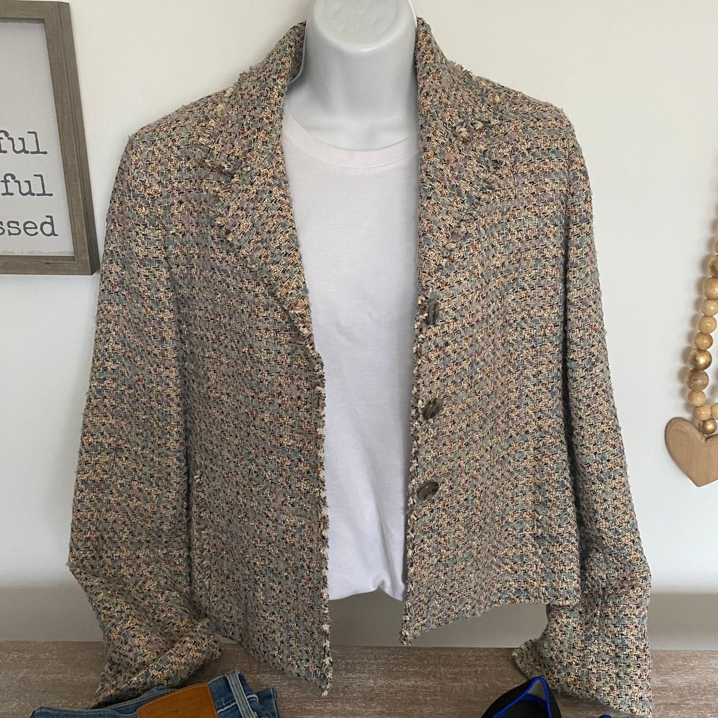 Vintage Tweed Blazer Jacket Fringe Trims Size Medium