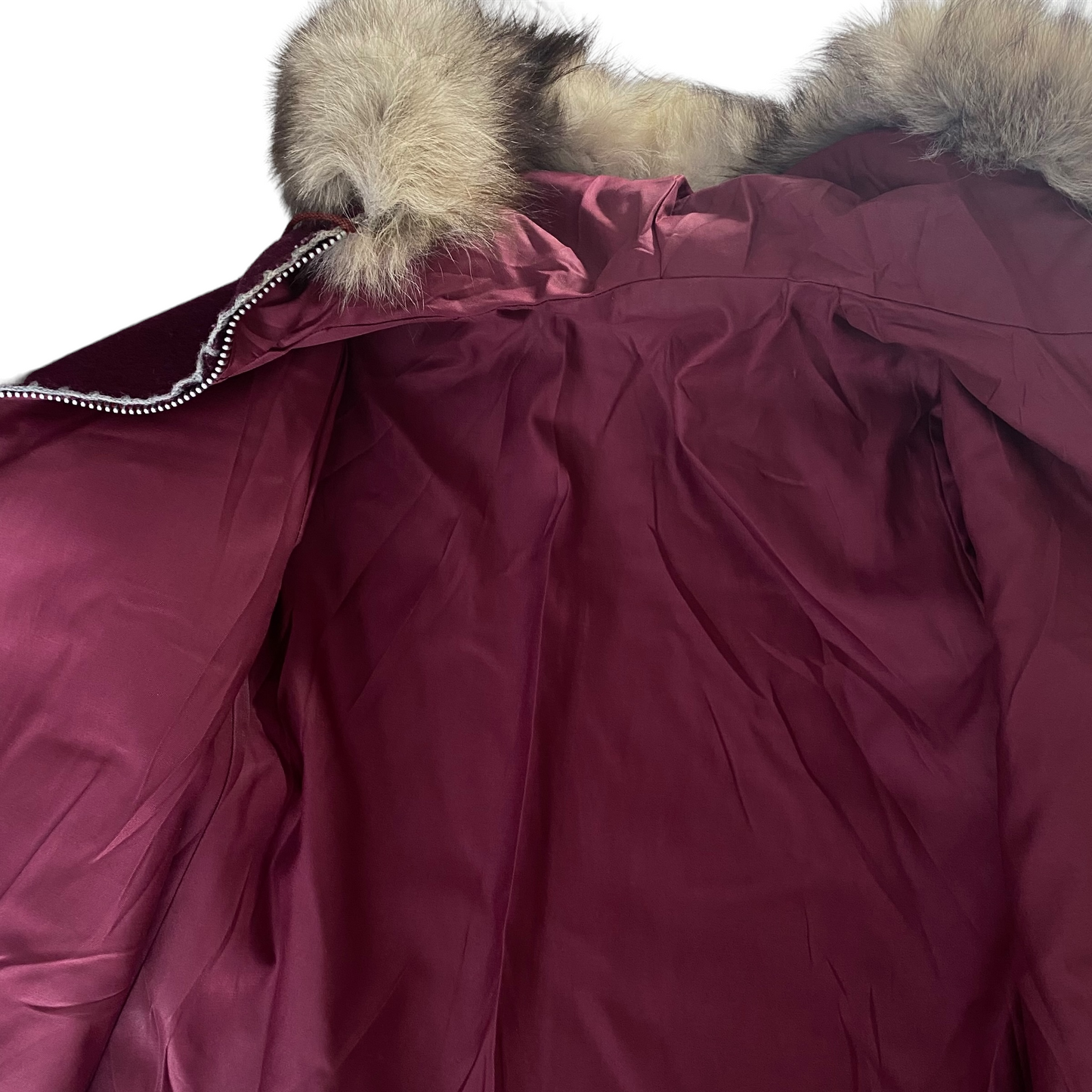 Vintage Inuit Fur Trim Hooded Wool Parka Burgundy Plum Wine Colour